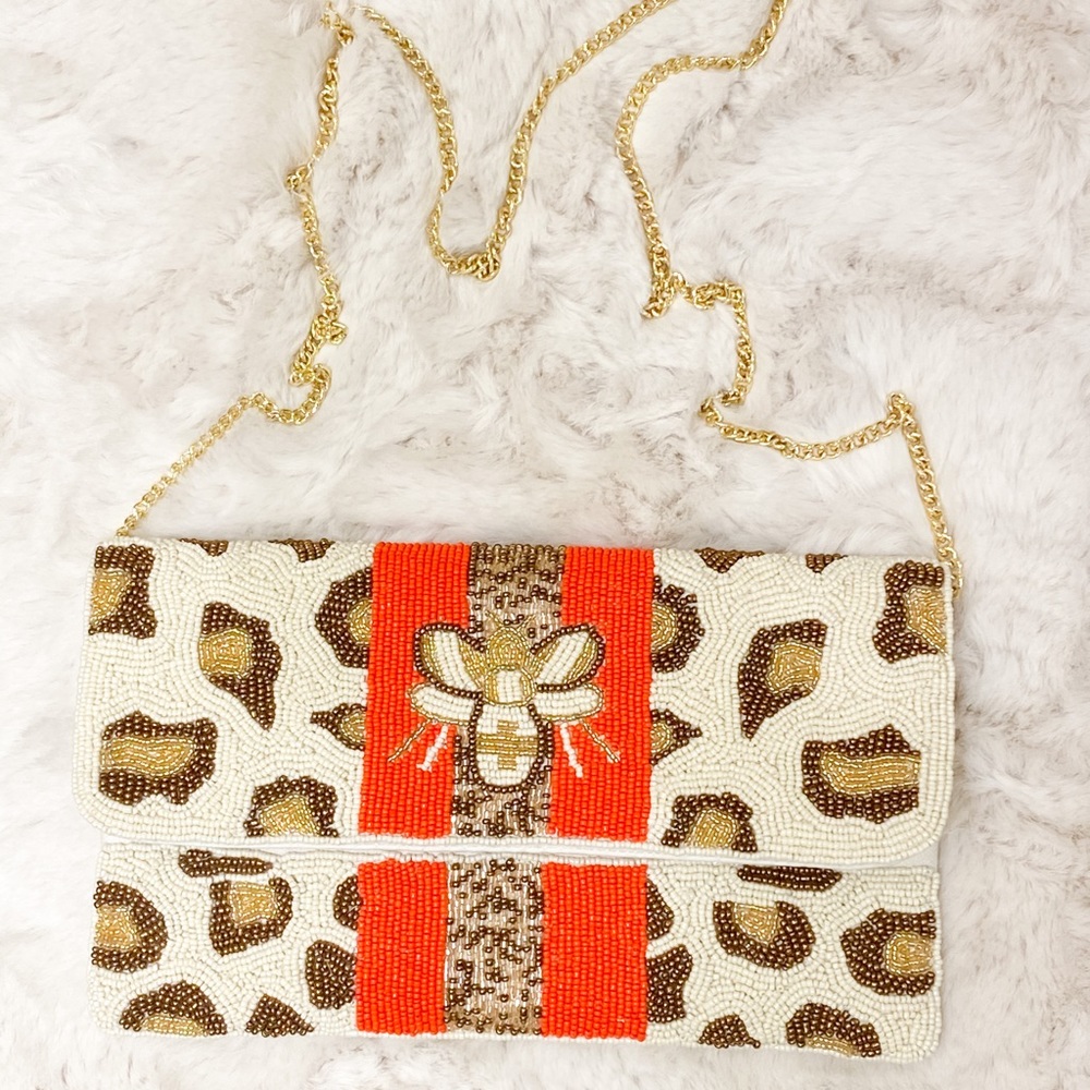 Leopard Bee Beaded Clutch/Crossbody Bag